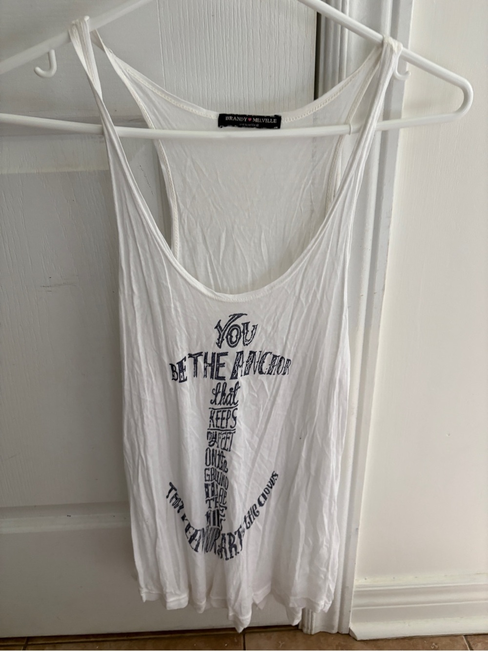 Brandy Melville White Tank Top with Navy Anchor Text